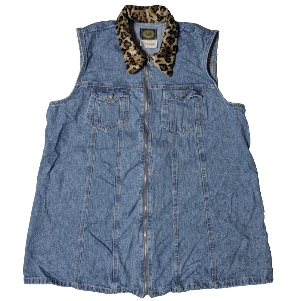 VTG PARIS BLUES Maternity Leopard Collar Denim Vest - Women Large USA